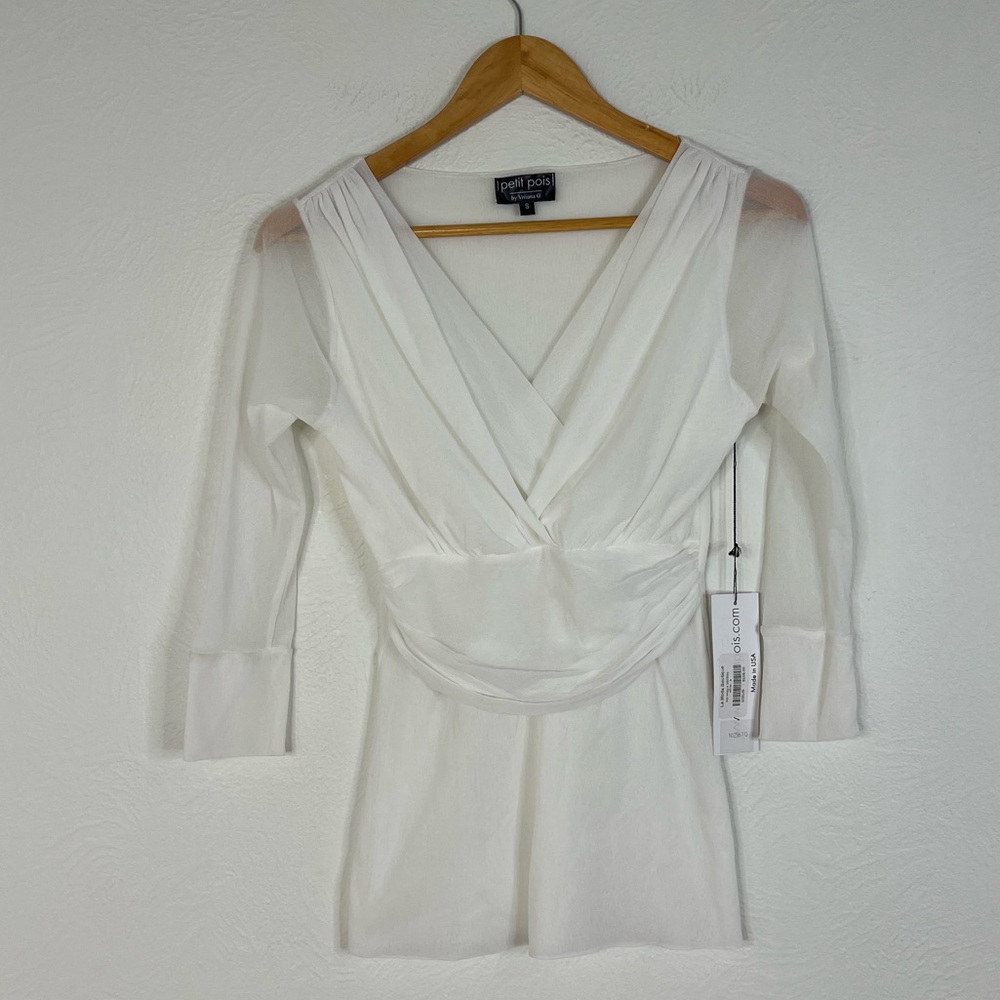 NWT Petit Pois Viviana G Mesh Top White Sheer Ruched V Neck Stretch Fit Size S